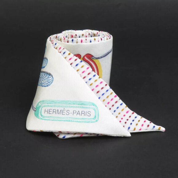 Auth HERMES Twilly Ribbon Scarf White Multicolor Silk - Picture 1 of 8